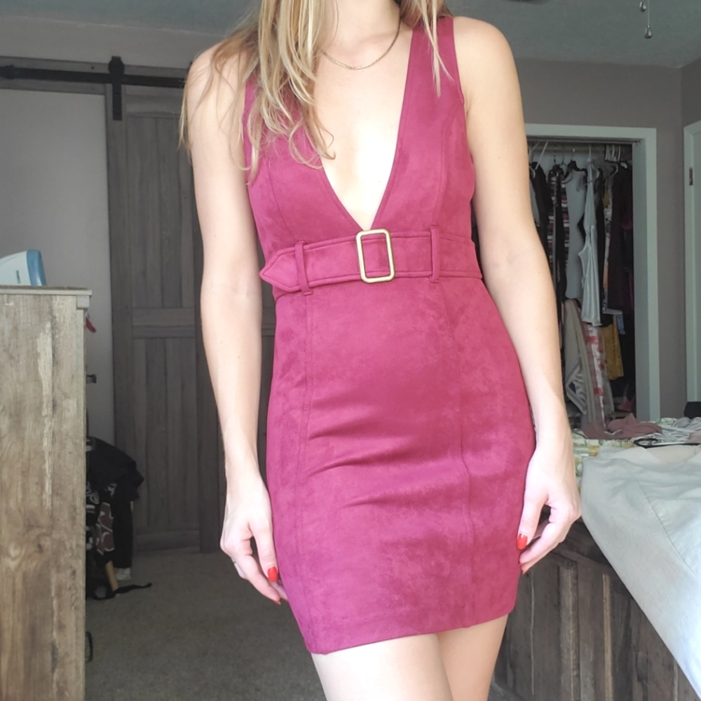 Burgundy Faux Suede Deep V-Neck Belted Bodycon Dress